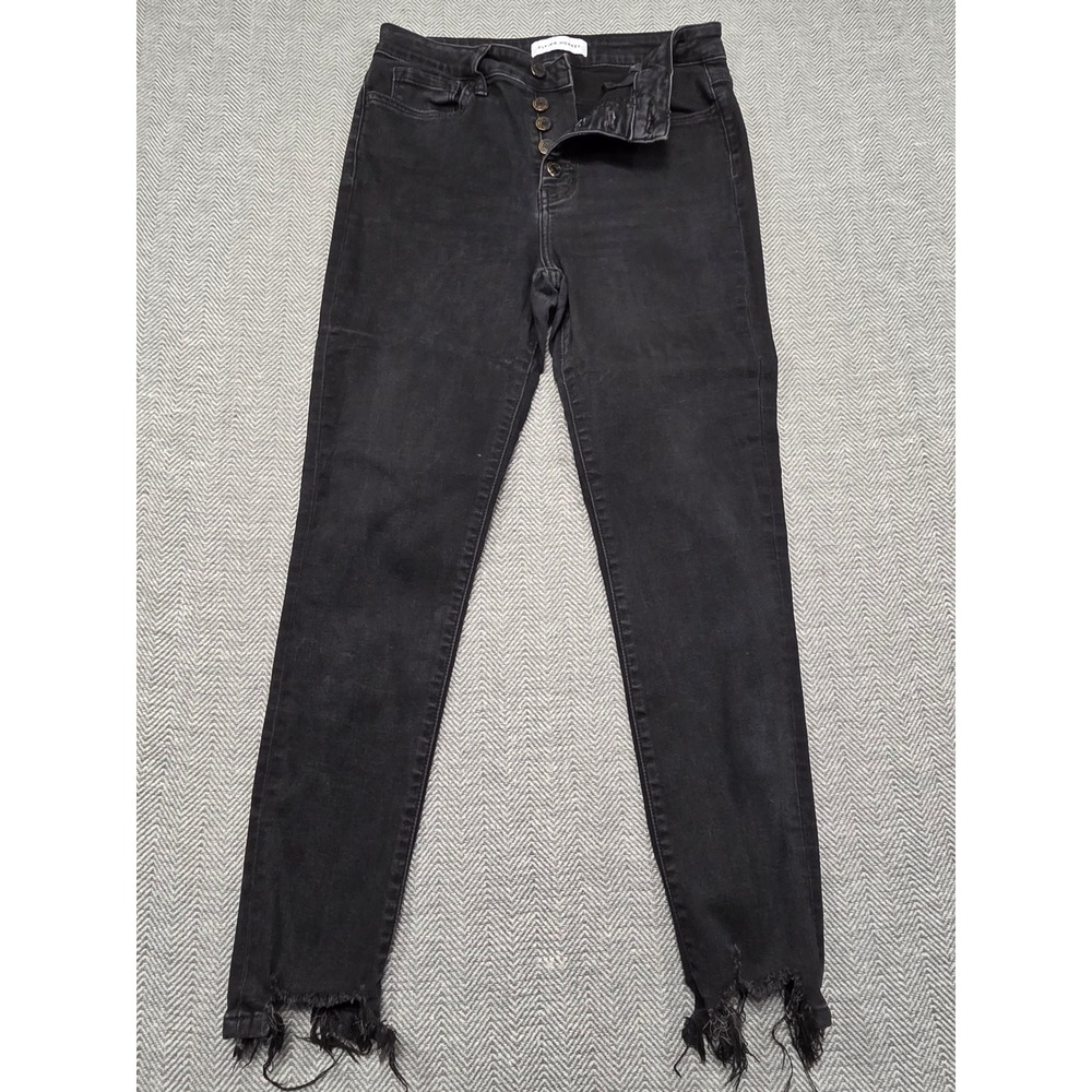 Flying Monkey Black High Rise Button Fly Skinny Jeans Distressed Frayed Hem 29